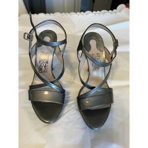 Salvatore Ferragamo Italy Womens 6 G Metallic Gray Ankle Strap Sandals 4"Heels